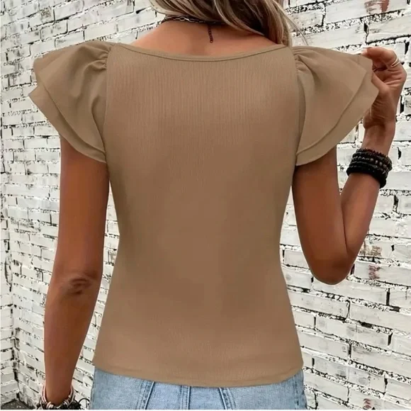 Women's Tan Ruffle Sleeve Top - Picture 3 of 4